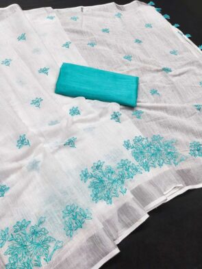 Linen Cotton Saree with Contrast Blouse – Elegant Embroidery Linen Saree