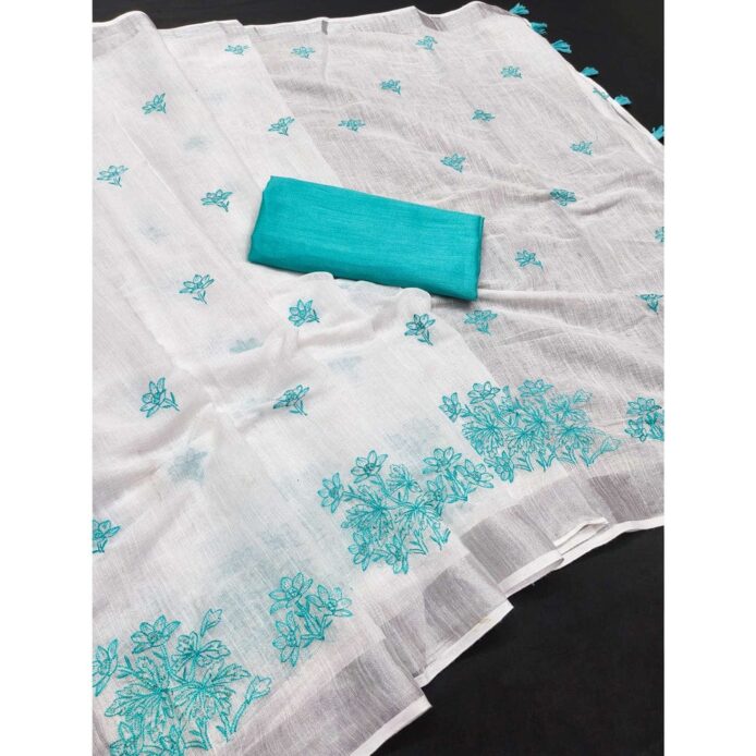 Linen Cotton Saree with Contrast Blouse – Elegant Embroidery Linen Saree