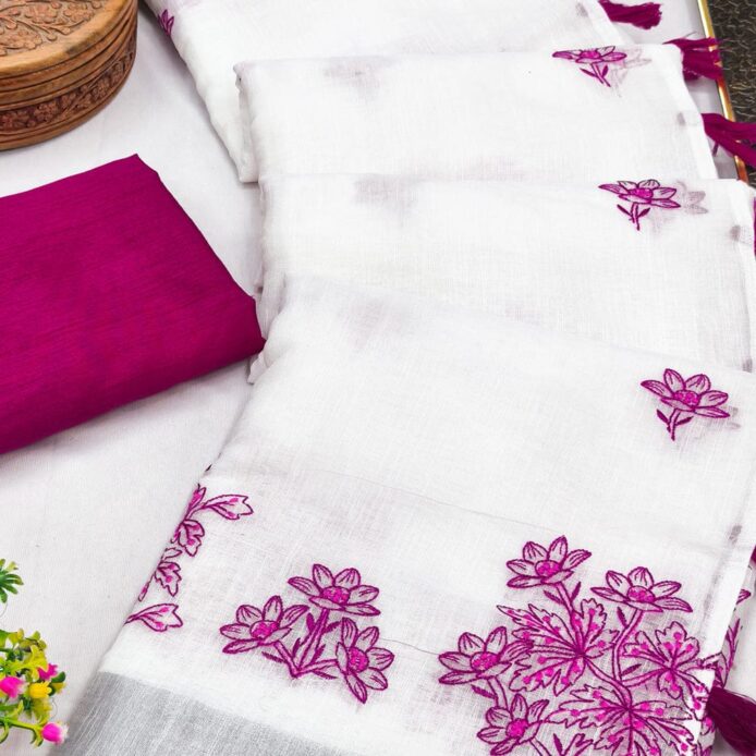 Pure Cotton Linen Saree with Embroidery
