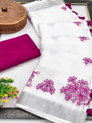 Pure Cotton Linen Saree with Embroidery