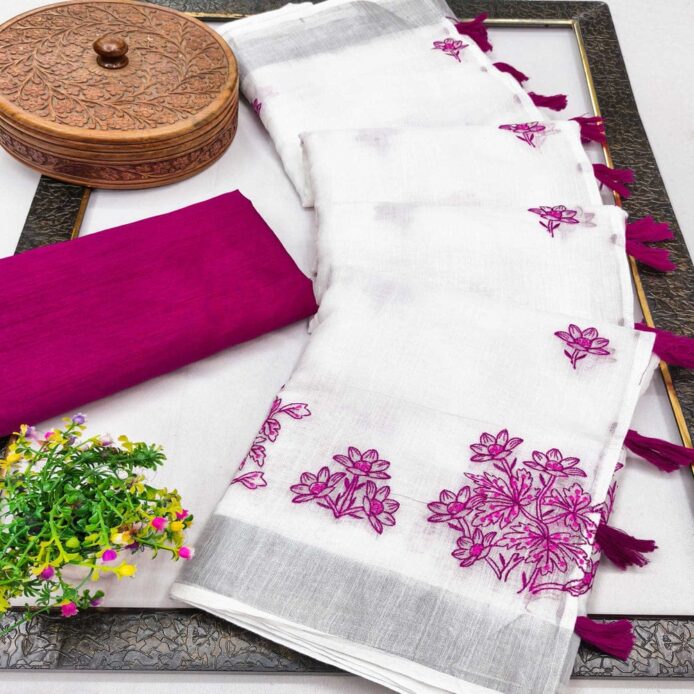 Pure Cotton Linen Saree with Embroidery