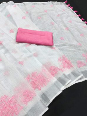 Bhagalpuri Linen Cotton Saree with Embroidery – White Saree