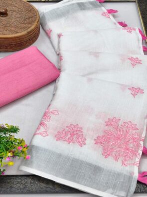 Bhagalpuri Linen Cotton Saree with Embroidery – White Saree
