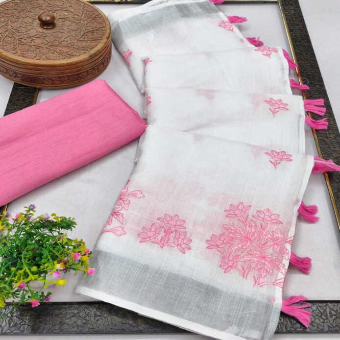 Bhagalpuri Linen Cotton Saree with Embroidery – White Saree