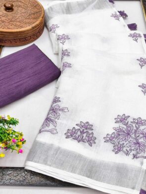White Cotton Linen Saree with Contrast Blouse