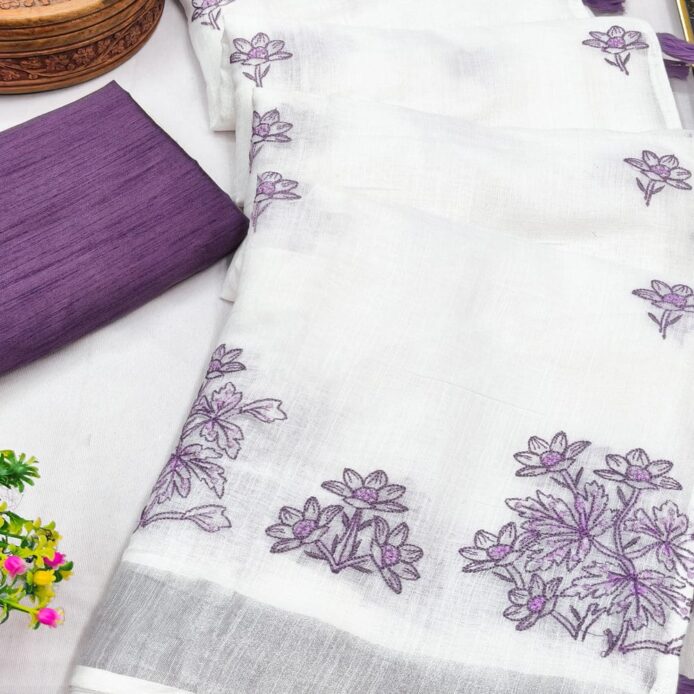 White Cotton Linen Saree with Contrast Blouse