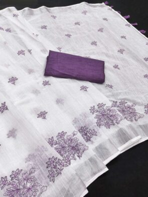 White Cotton Linen Saree with Contrast Blouse