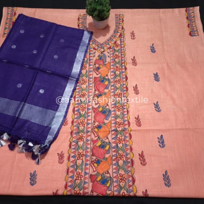 Pure Linen Cotton Churidar Material – Madhubani Hand Painted Dress Material