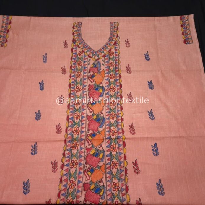 Pure Linen Cotton Churidar Material – Madhubani Hand Painted Dress Material