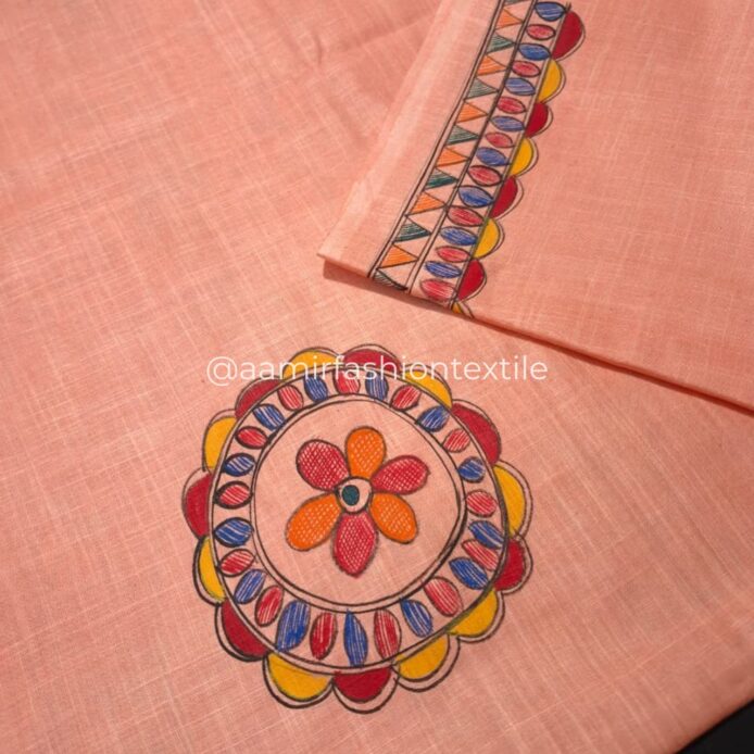 Pure Linen Cotton Churidar Material – Madhubani Hand Painted Dress Material