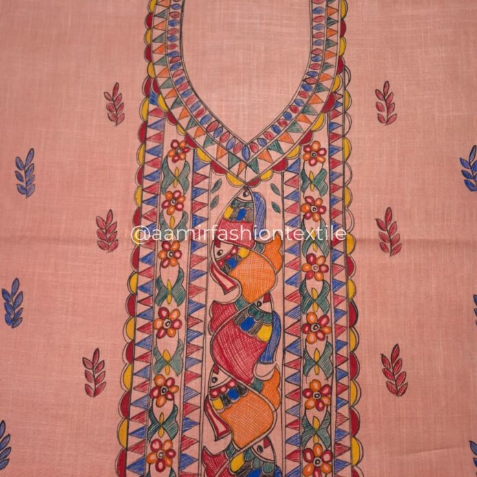 Pure Linen Cotton Churidar Material – Madhubani Hand Painted Dress Material