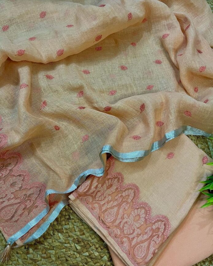 Women Linen Applique Work Dress Material