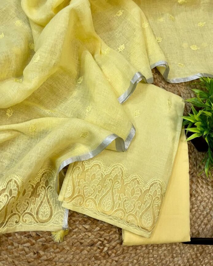 Pure Linen Applique Work Dress Material – Festive Linen Suit Fabric
