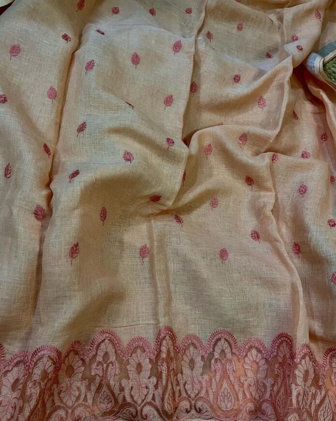 Women Linen Applique Work Dress Material