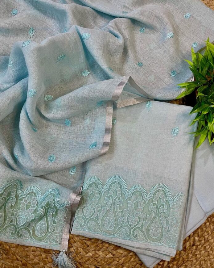 Applique Work Suits with Dupatta – Linen Unstitched Dress Material