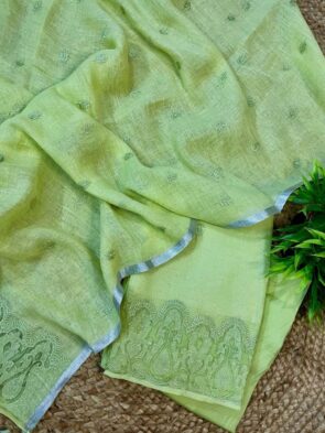 Applique Work Suit Set Linen by Linen Unstitched Dress Material | Aamir Fashion Textile