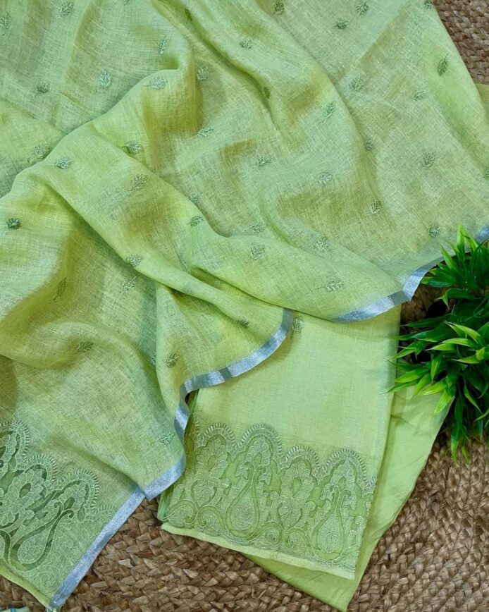 Applique Work Suit Set Linen by Linen Unstitched Dress Material | Aamir Fashion Textile