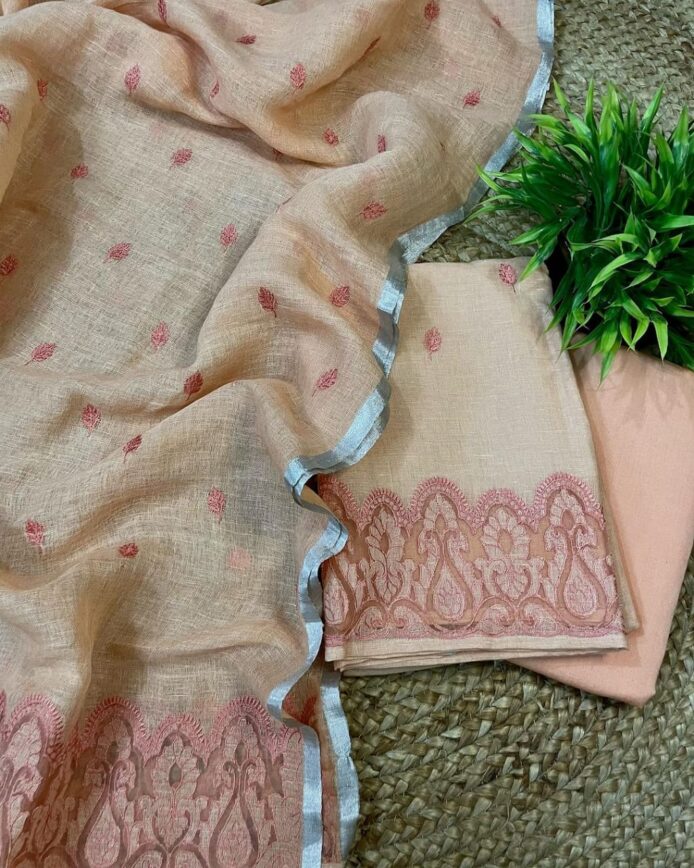 Women Linen Applique Work Dress Material