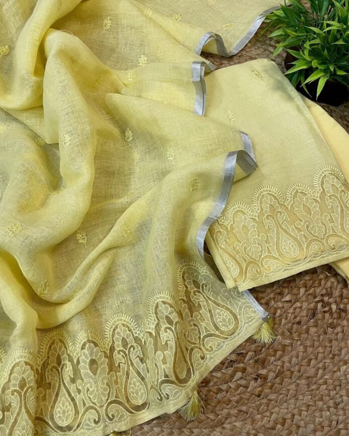 Pure Linen Applique Work Dress Material – Festive Linen Suit Fabric