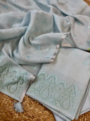 Applique Work Suits with Dupatta – Linen Unstitched Dress Material