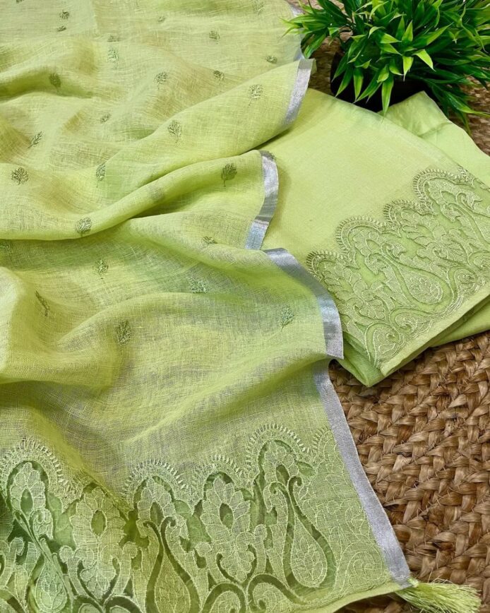 Applique Work Suit Set Linen by Linen Unstitched Dress Material | Aamir Fashion Textile