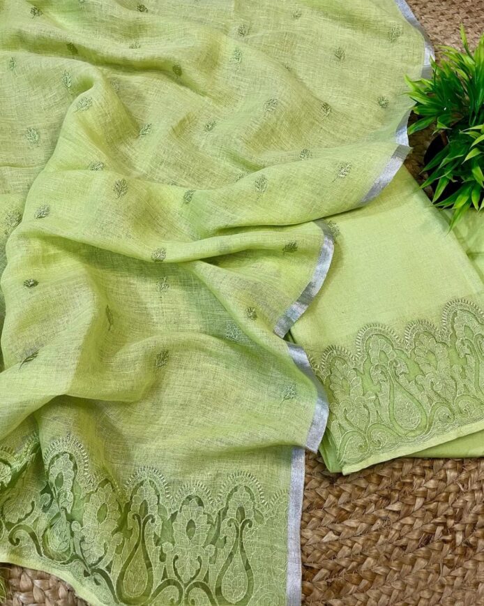 Applique Work Suit Set Linen by Linen Unstitched Dress Material | Aamir Fashion Textile