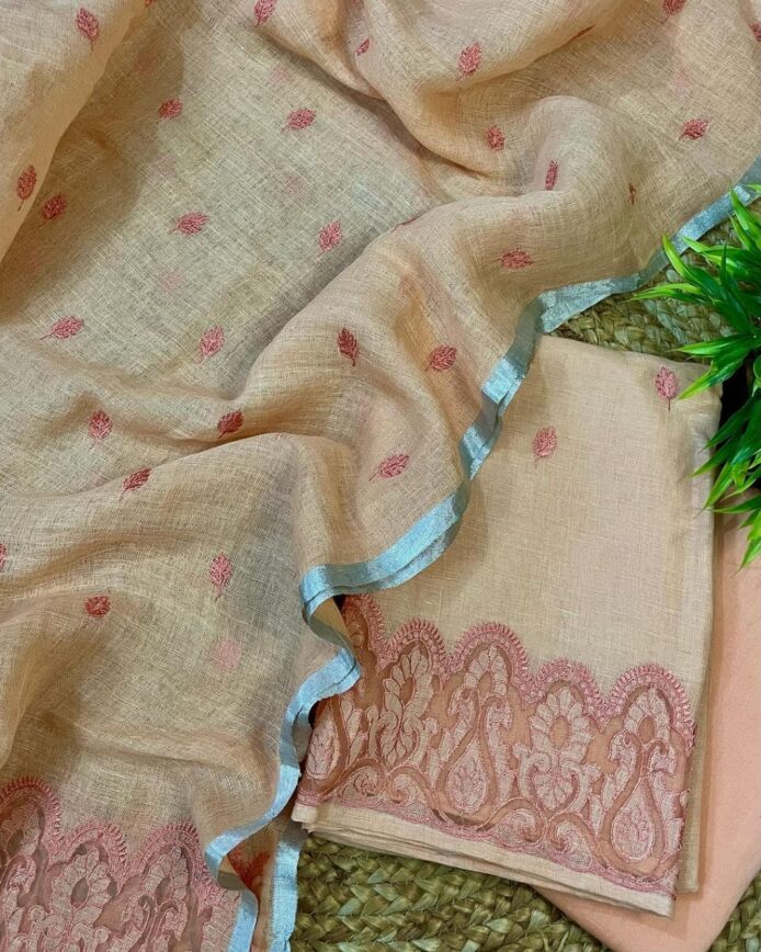 Women Linen Applique Work Dress Material