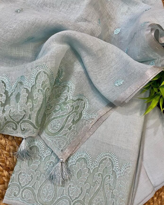 Applique Work Suits with Dupatta – Linen Unstitched Dress Material