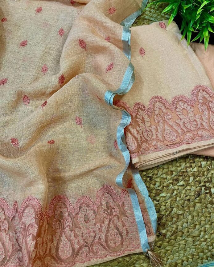 Women Linen Applique Work Dress Material