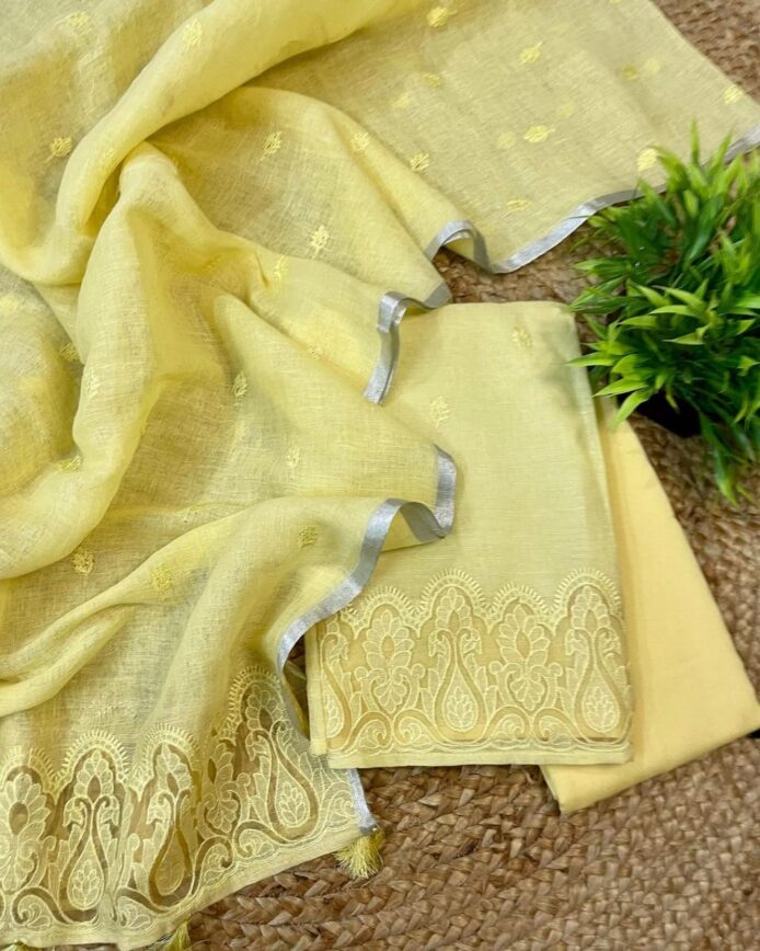 Pure Linen Applique Work Dress Material – Festive Linen Suit Fabric