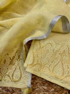 Pure Linen Applique Work Dress Material – Festive Linen Suit Fabric