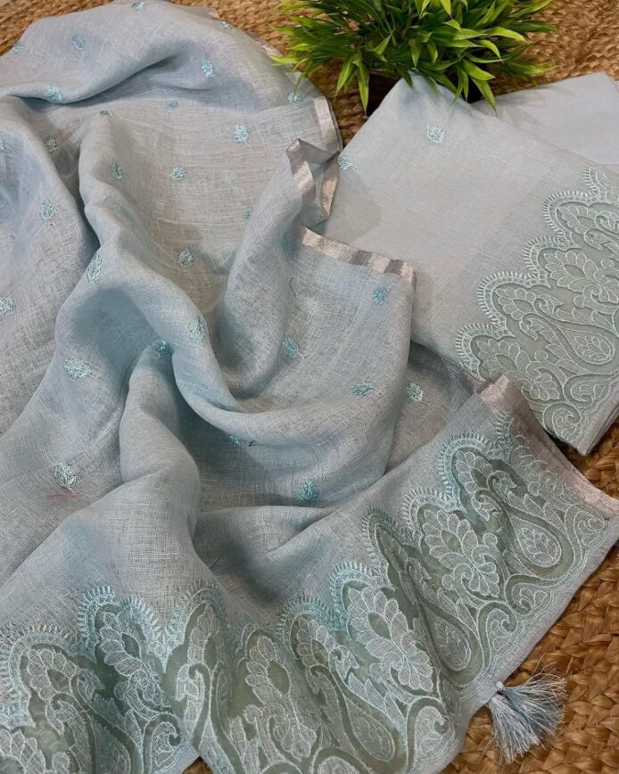 Applique Work Suits with Dupatta – Linen Unstitched Dress Material