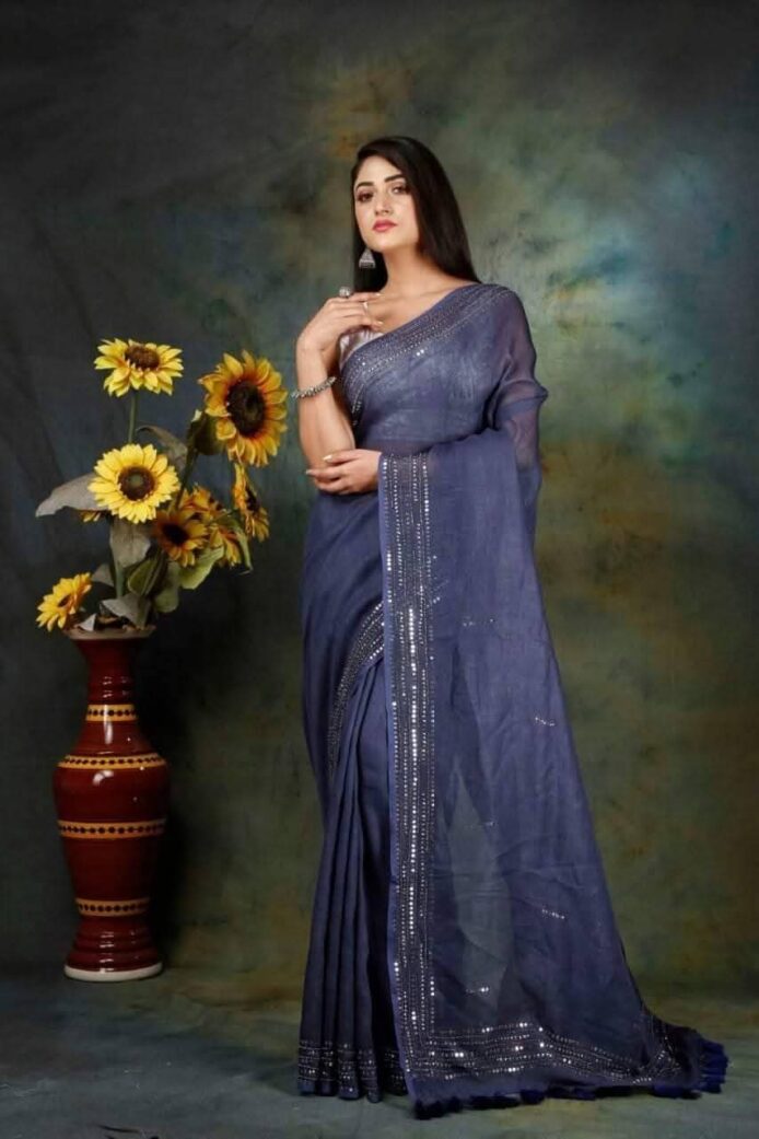 Pure Linen Saree with Bead and Sequin Work | Aamir Fashion Textile