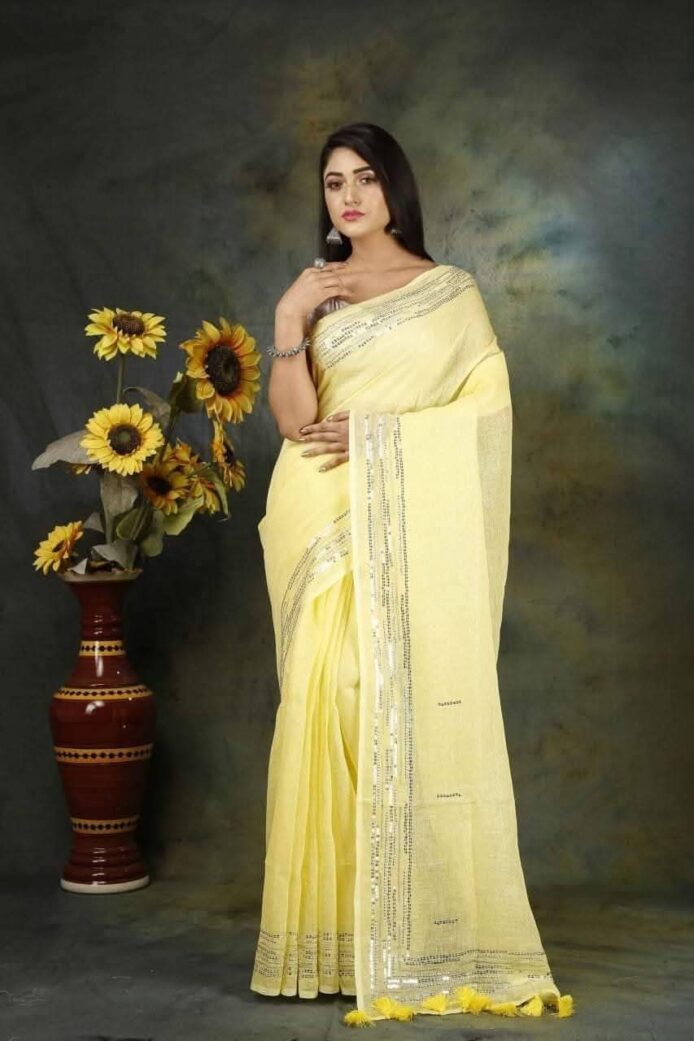 Pure Linen Saree with Bead and Sequin Work | Aamir Fashion Textile