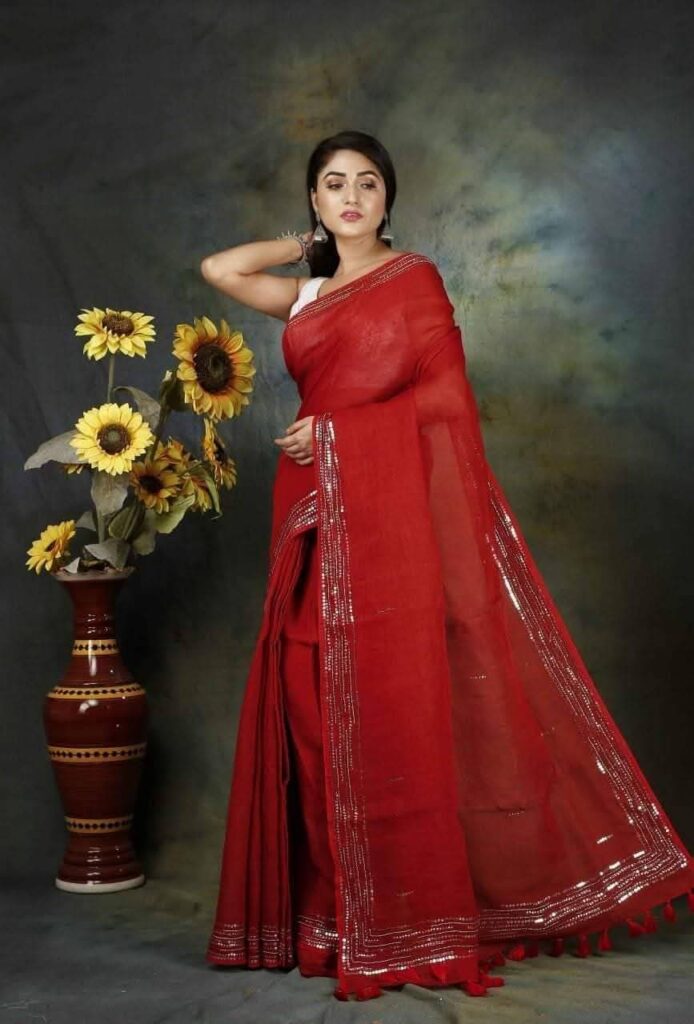 Pure Linen Saree with Bead and Sequin Work | Aamir Fashion Textile