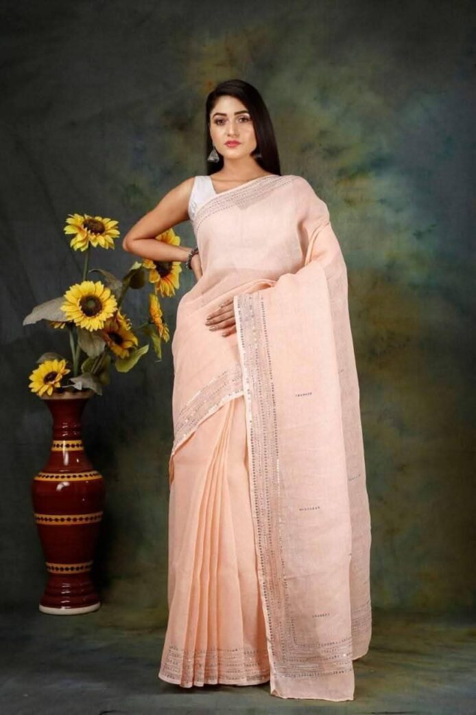 Pure Linen Saree with Bead and Sequin Work | Aamir Fashion Textile
