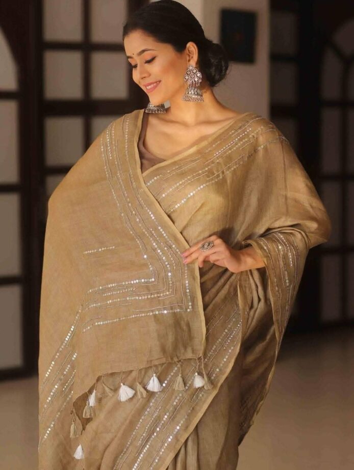 Pure Linen Saree with Bead and Sequin Work | Aamir Fashion Textile