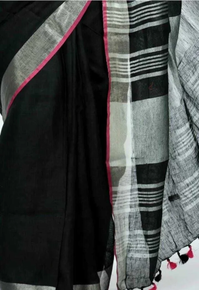 Linen Cotton Sarees with Blouse | Plain Contrast Saree for Women