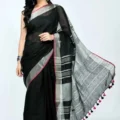 Linen Cotton Sarees with Blouse | Plain Contrast Saree for Women