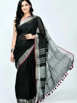 Linen Cotton Sarees with Blouse | Plain Contrast Saree for Women