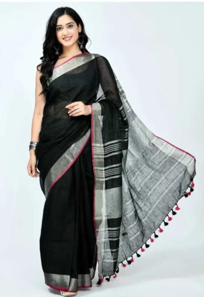 Linen Cotton Sarees with Blouse | Plain Contrast Saree for Women