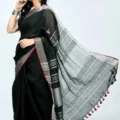 Linen Cotton Sarees with Blouse | Plain Contrast Saree for Women