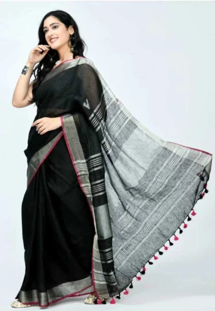 Linen Cotton Sarees with Blouse | Plain Contrast Saree for Women
