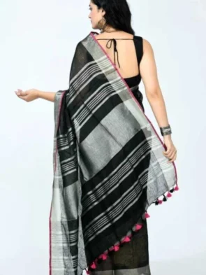 Linen Cotton Sarees with Blouse | Plain Contrast Saree for Women