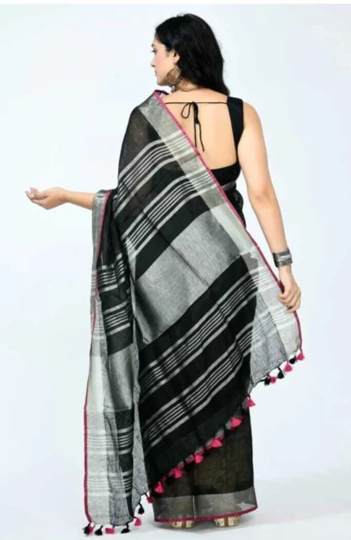 Linen Cotton Sarees with Blouse | Plain Contrast Saree for Women