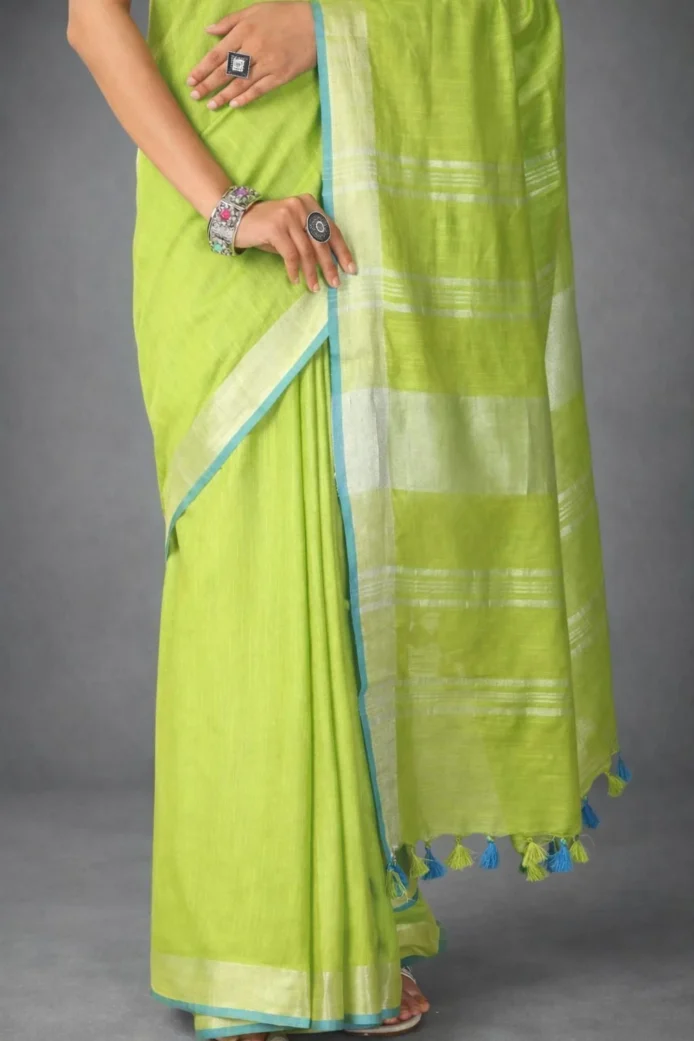 Pure Cotton Slub Sarees | Plain Saree with Contrast Blouse