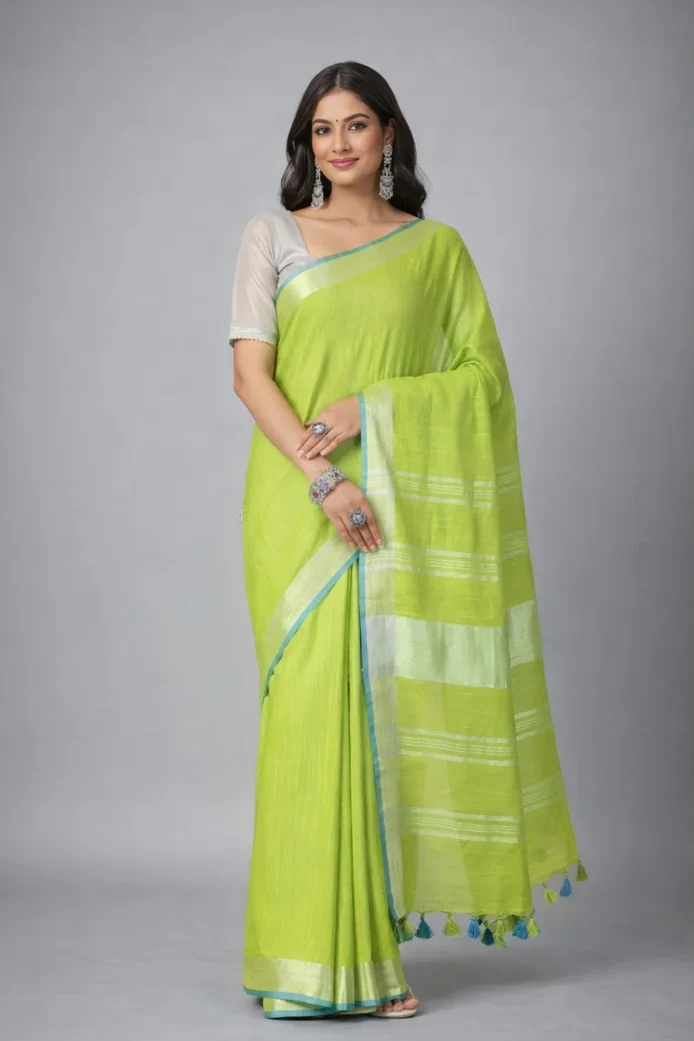 Pure Cotton Slub Sarees | Plain Saree with Contrast Blouse