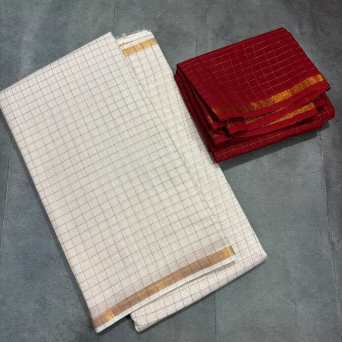 White Onam Saree with contrast blouse featuring copper zari border and zari checks by Aamir Fashion Textile.