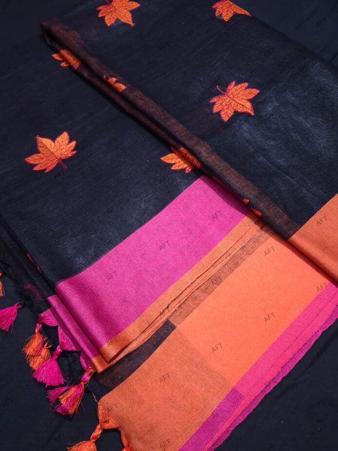 Black Linen Saree with Embroidery Work Party & Wedding Wear