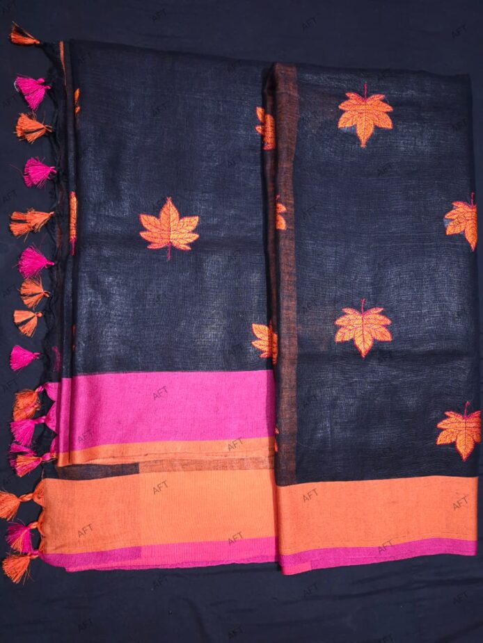 Black Linen Saree with Embroidery Work Party & Wedding Wear